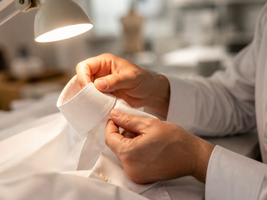 Hands inspecting a shirt collar and pre-treating a stain under good light