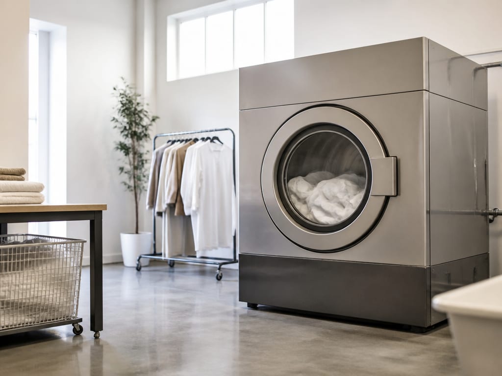 A modern, eco-conscious garment cleaning machine in a bright facility