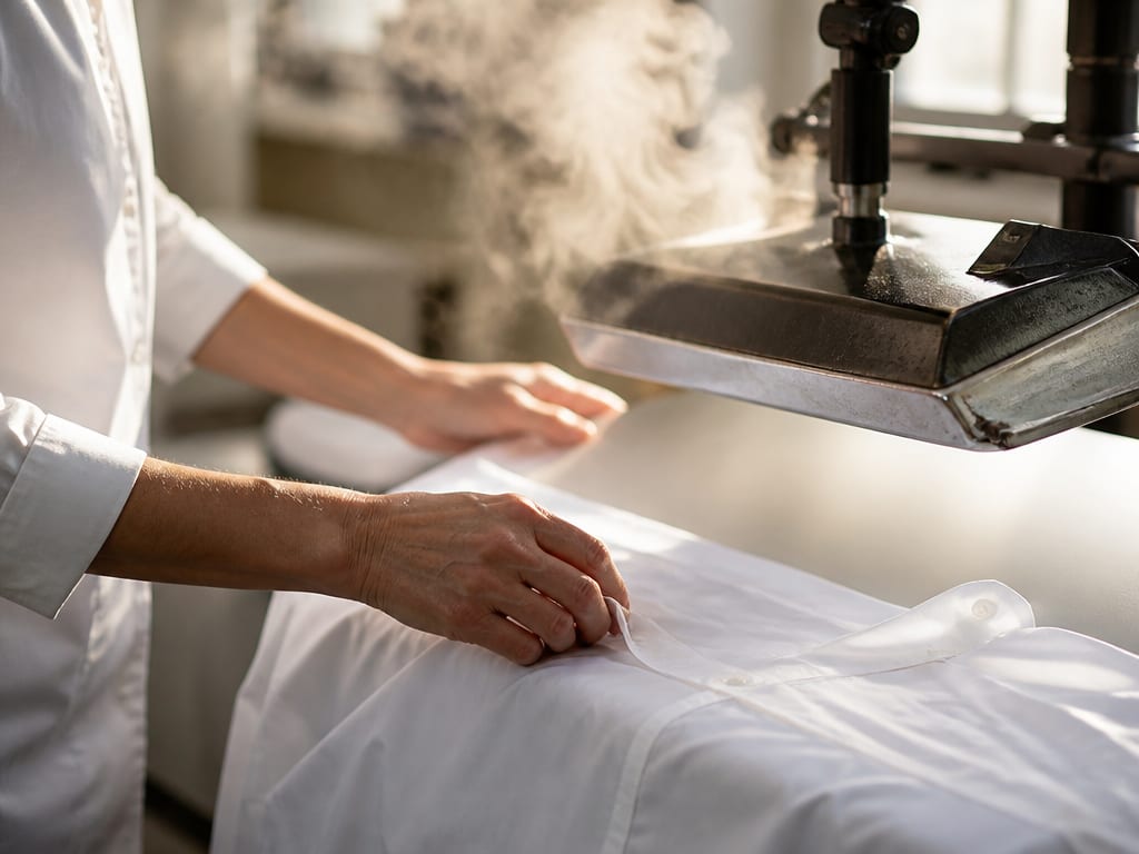 A shirt being hand-pressed and steamed on a professional press