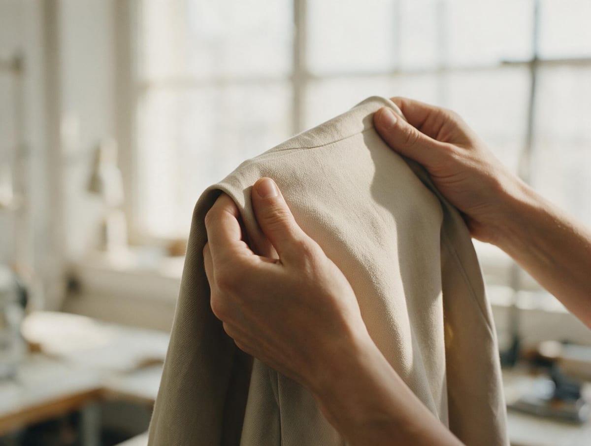 A member of the quality control team examining a finished garment closely for stains and pressing quality