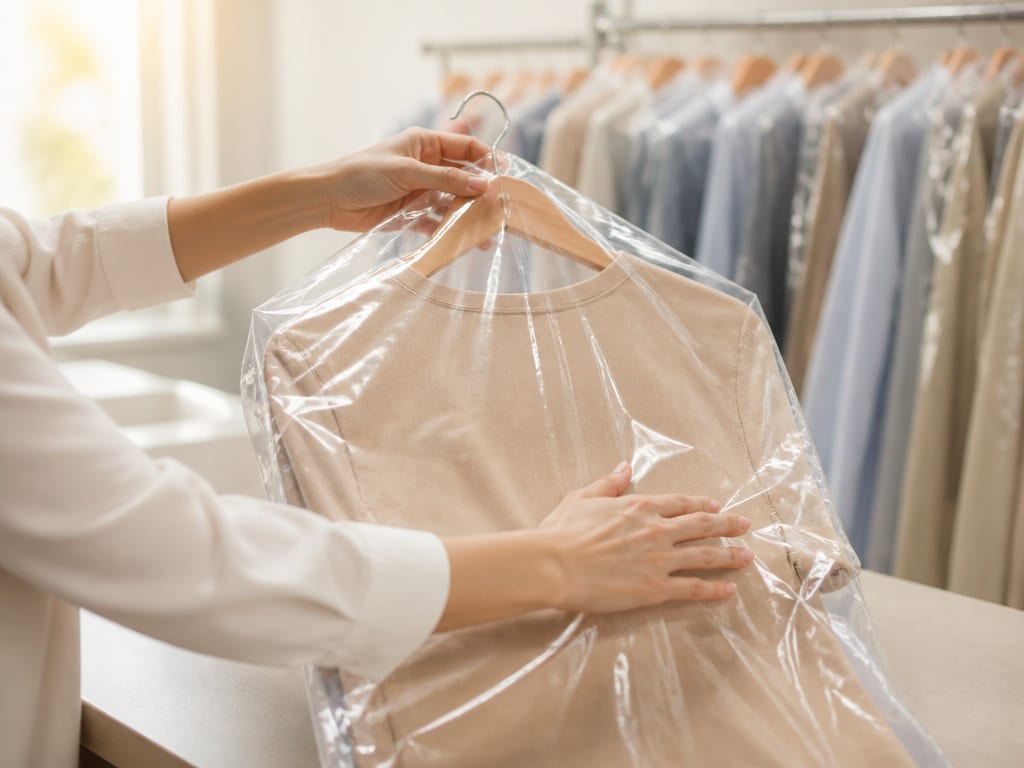 A finished garment being hung and sealed in a clear protective bag