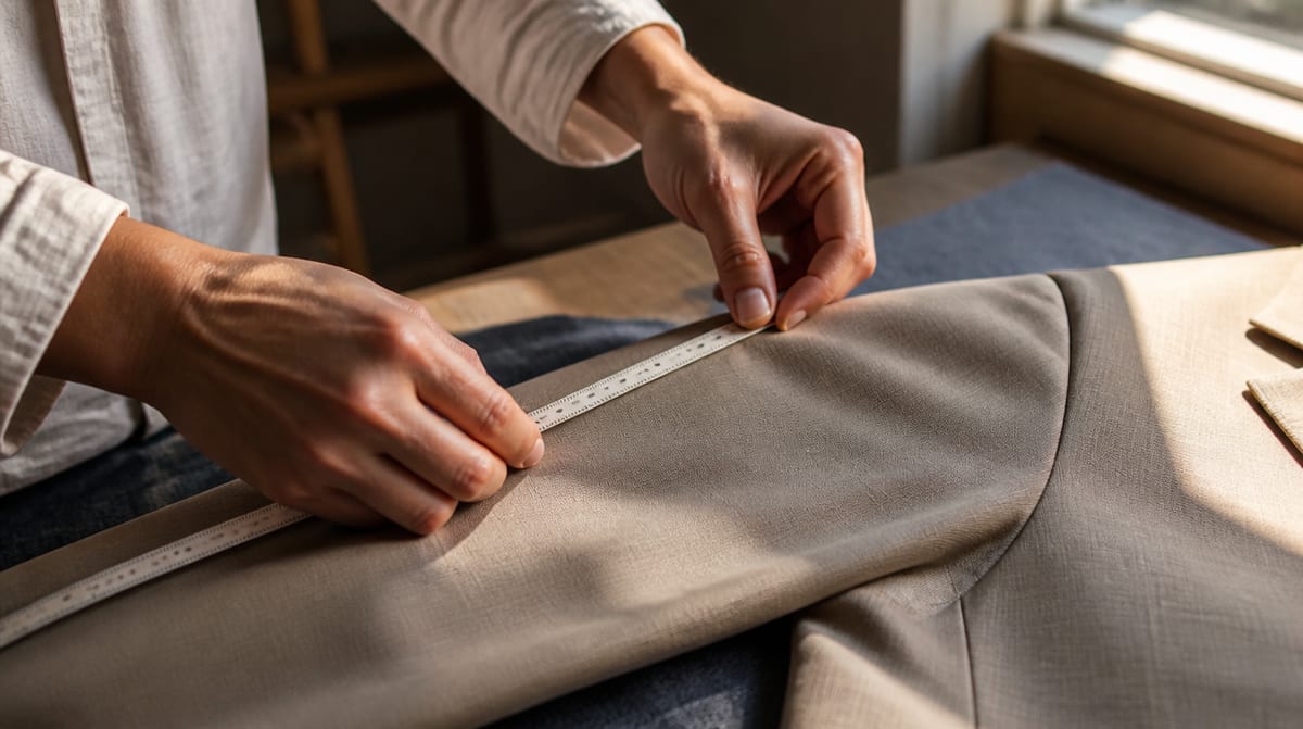 A tailor measuring a jacket sleeve