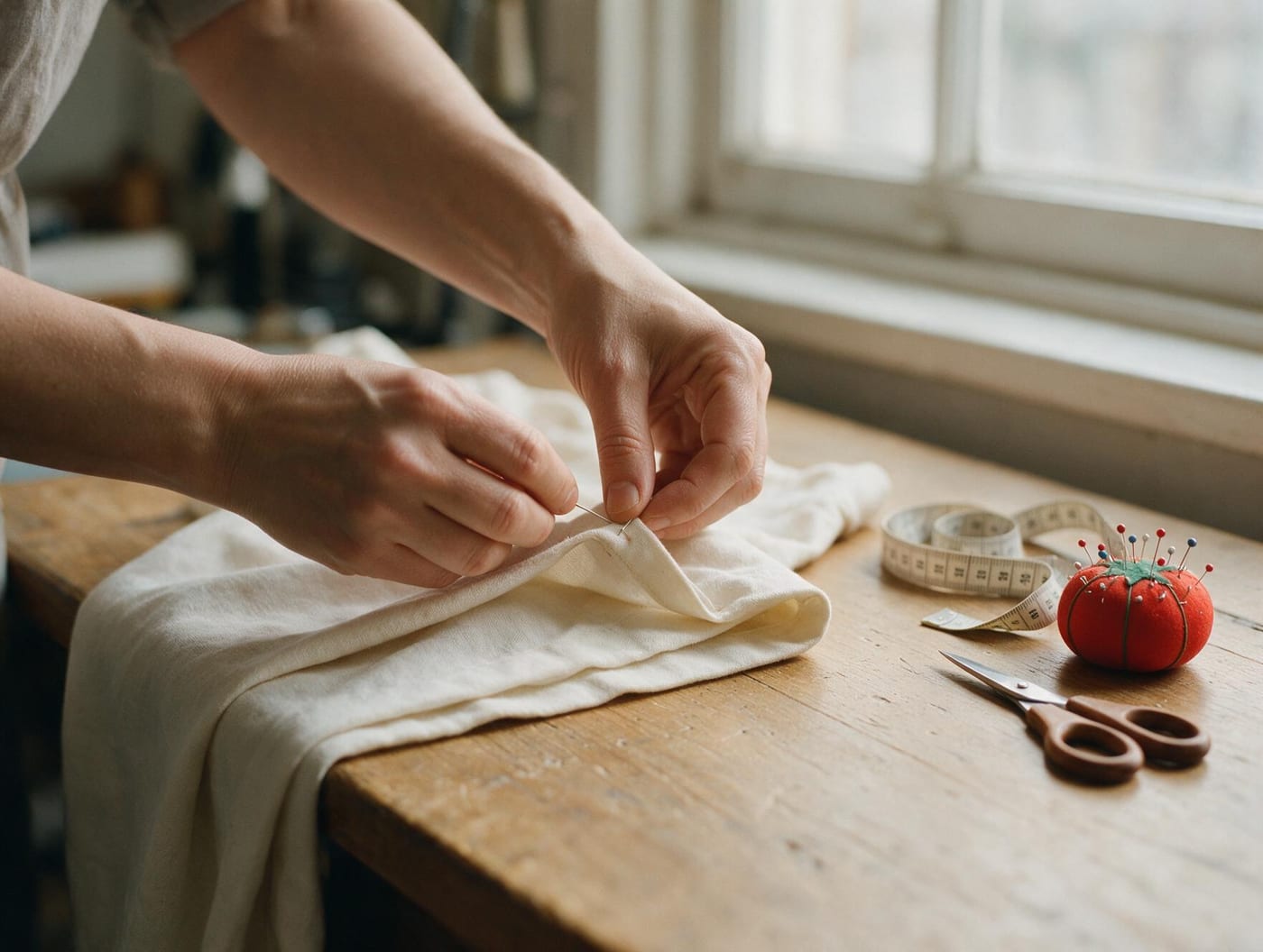 A tailor pinning a hem at a workbench with measuring tape and pincushion
