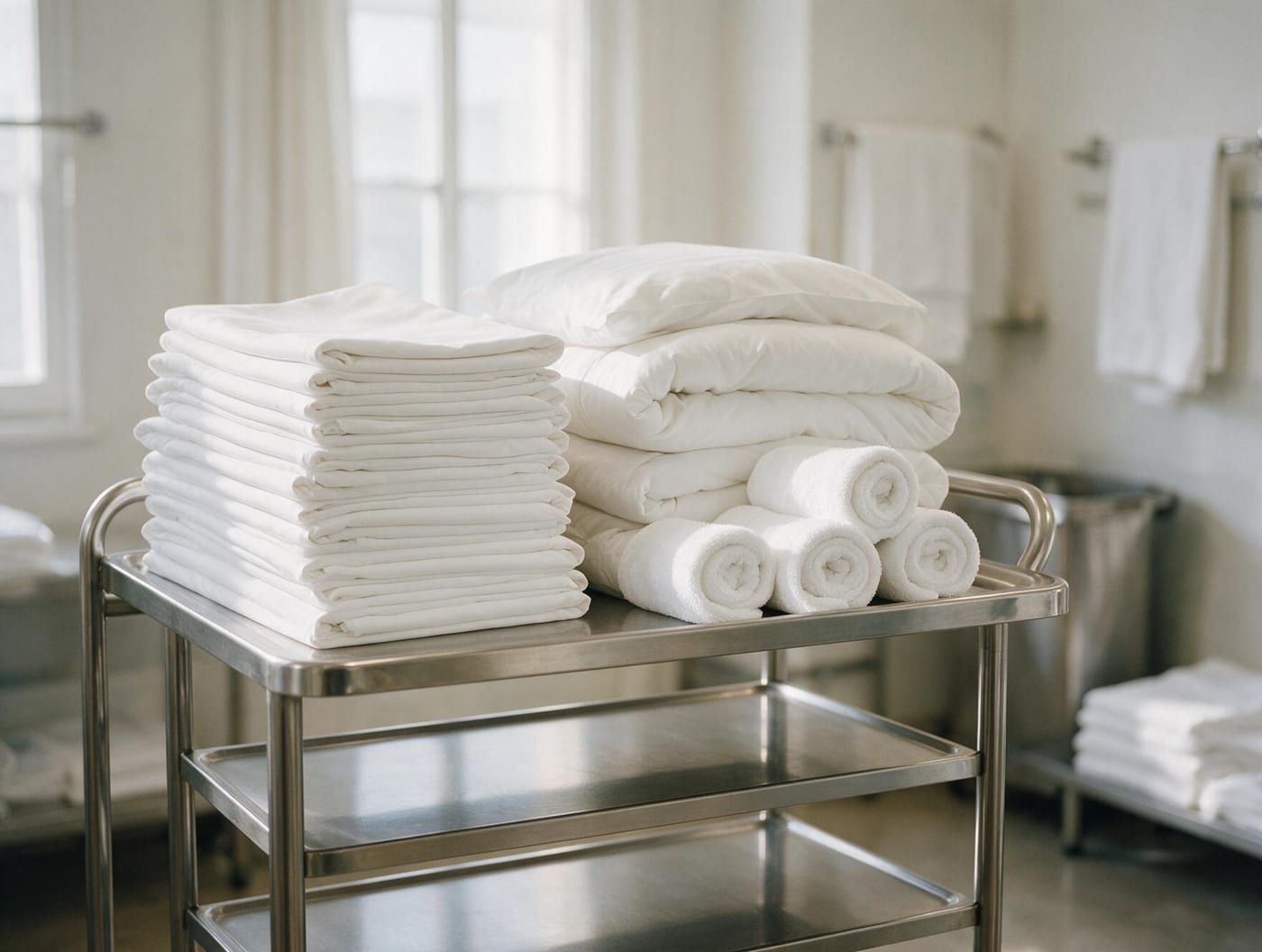 Crisp white hotel linens and towels stacked on a service cart