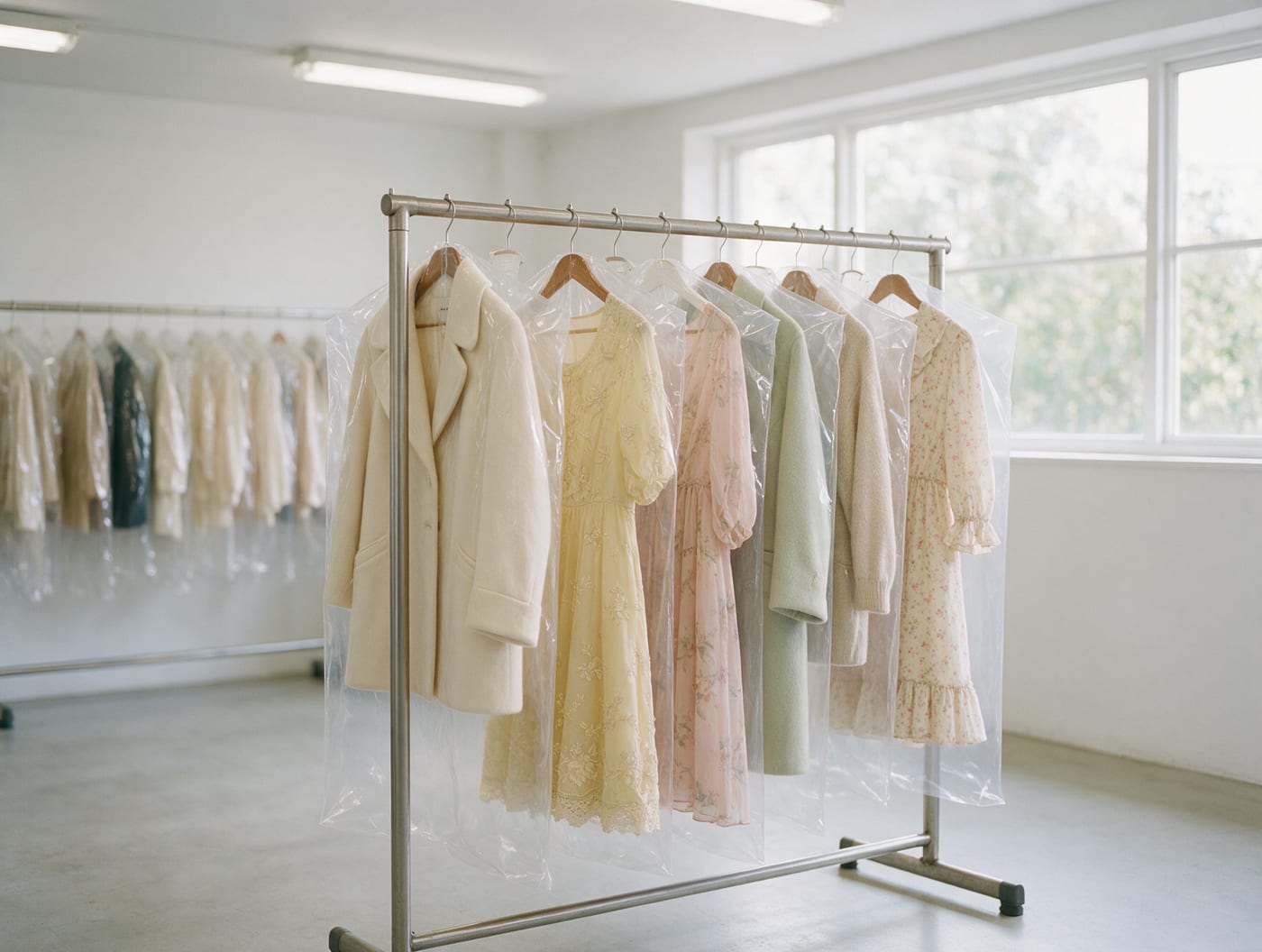 Restored garments in clear protective covers on a rack in a bright, clean facility