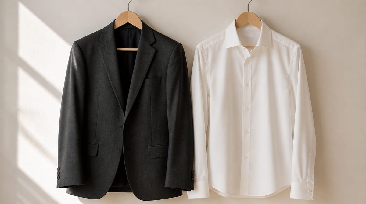 A suit jacket and dress shirt hanging after cleaning