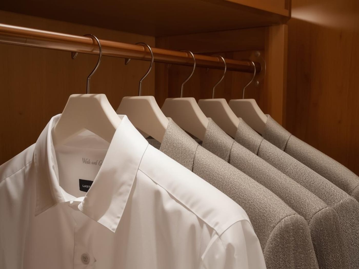 A crisp white dress shirt and pressed grey jackets hanging in a warm wood closet