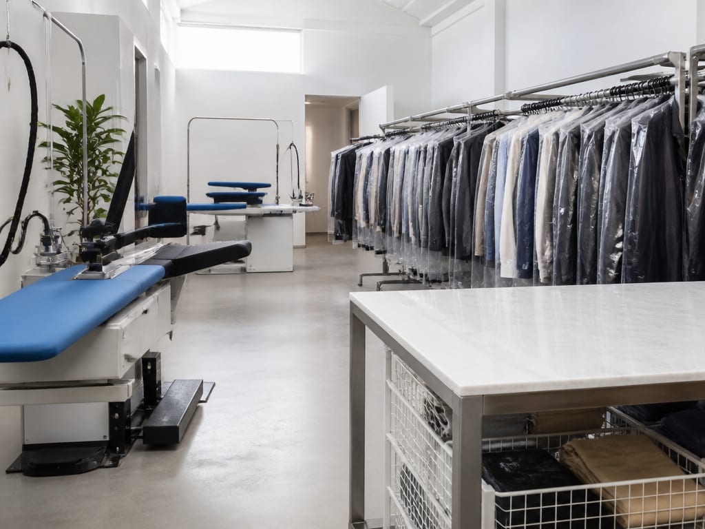 Inside a bright, organized garment care workroom