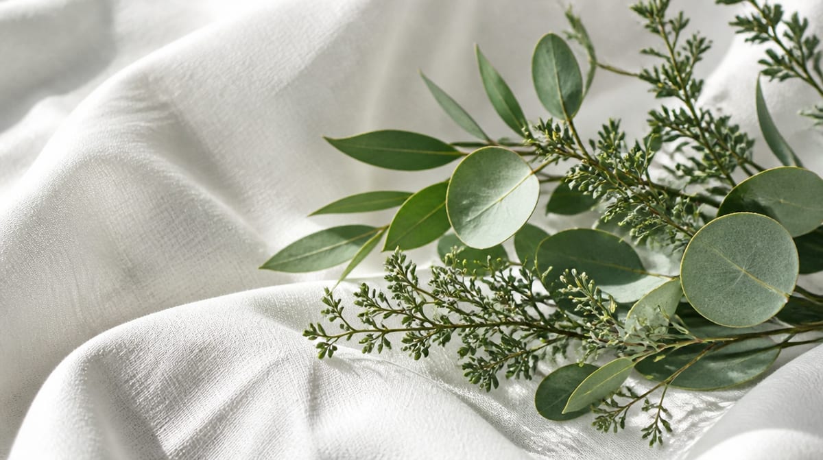 Green leaves beside freshly cleaned white fabric