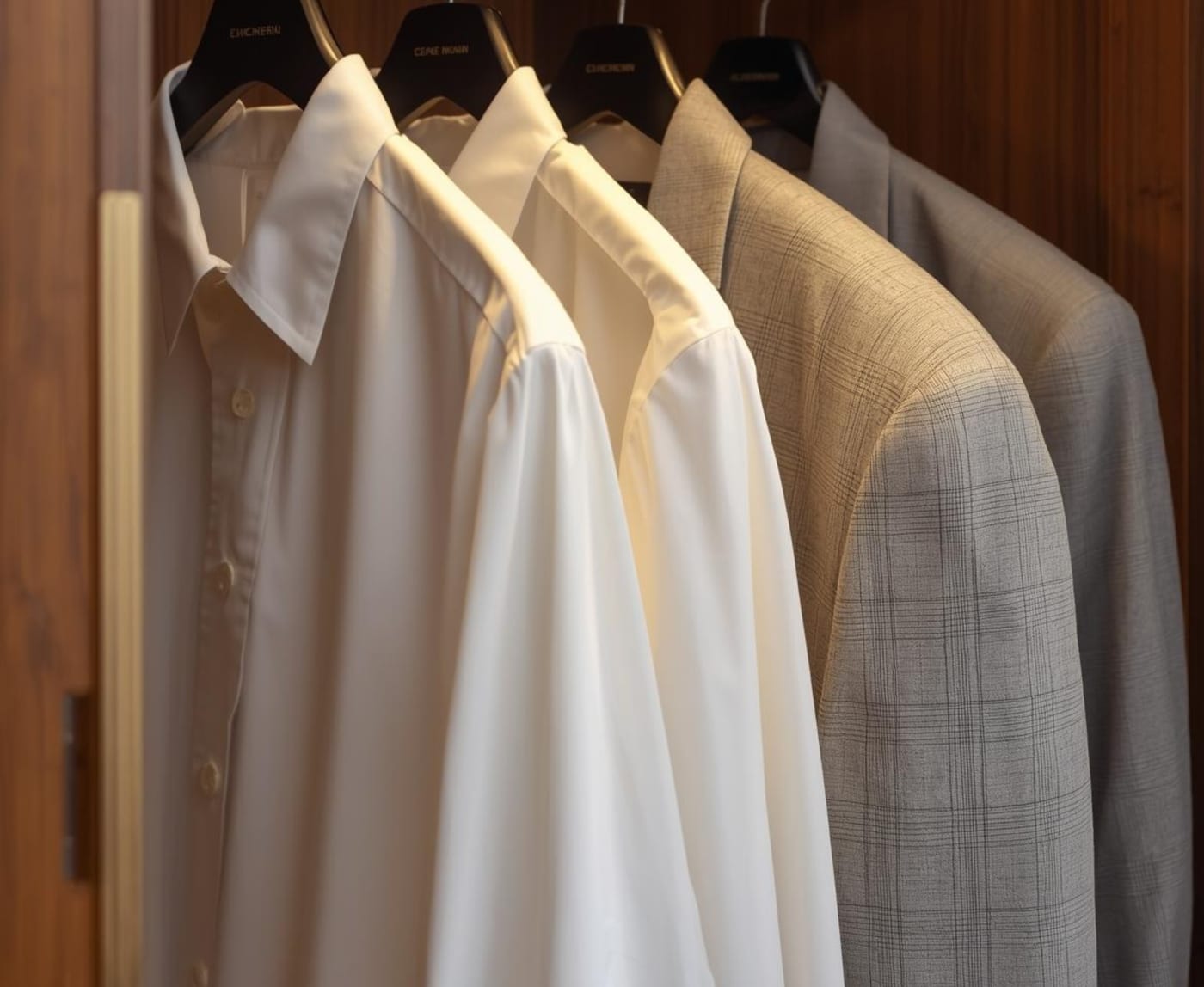 Crisp pressed dress shirts on wooden hangers in a warm wardrobe