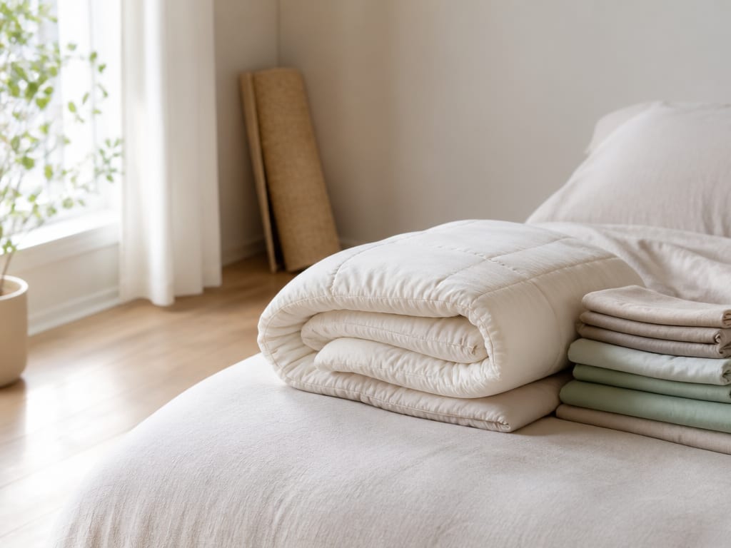 A cleaned comforter, folded bedding, and a rolled area rug in a bright room