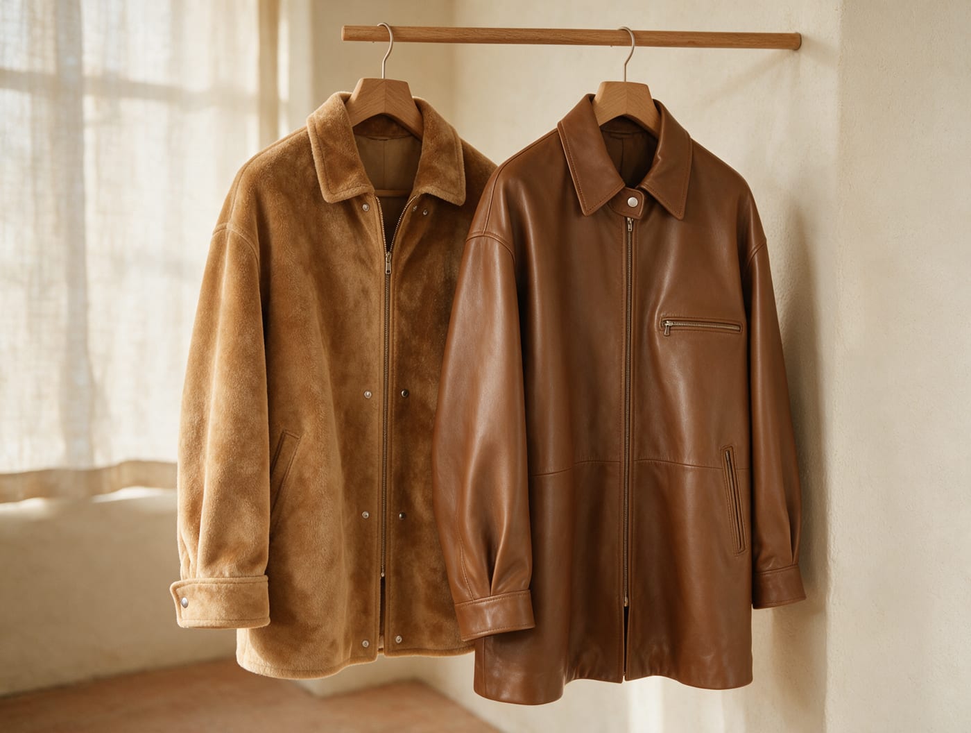 A camel suede jacket and a brown leather coat on wooden hangers in soft daylight