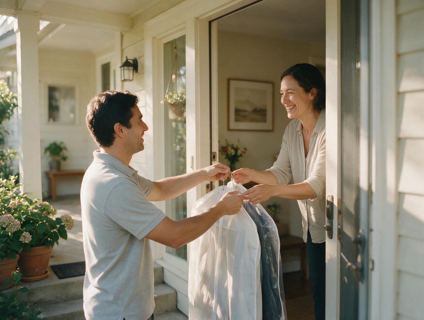 A driver handing clean garment bags to a customer at their front door