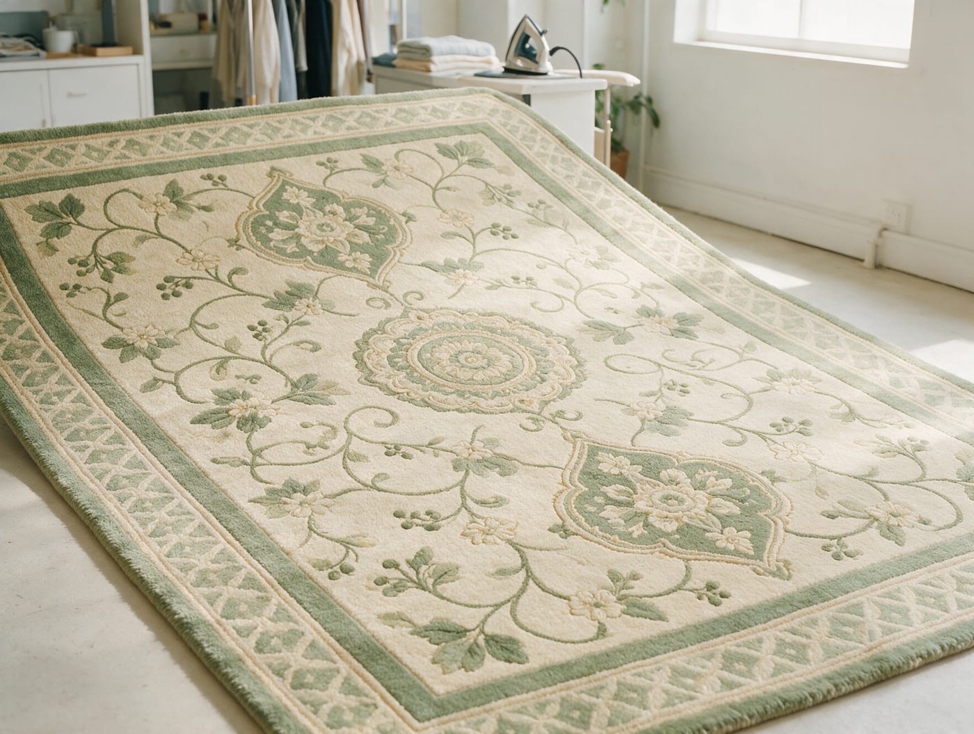 A cream and sage wool area rug laid flat on a pale floor in a bright workroom