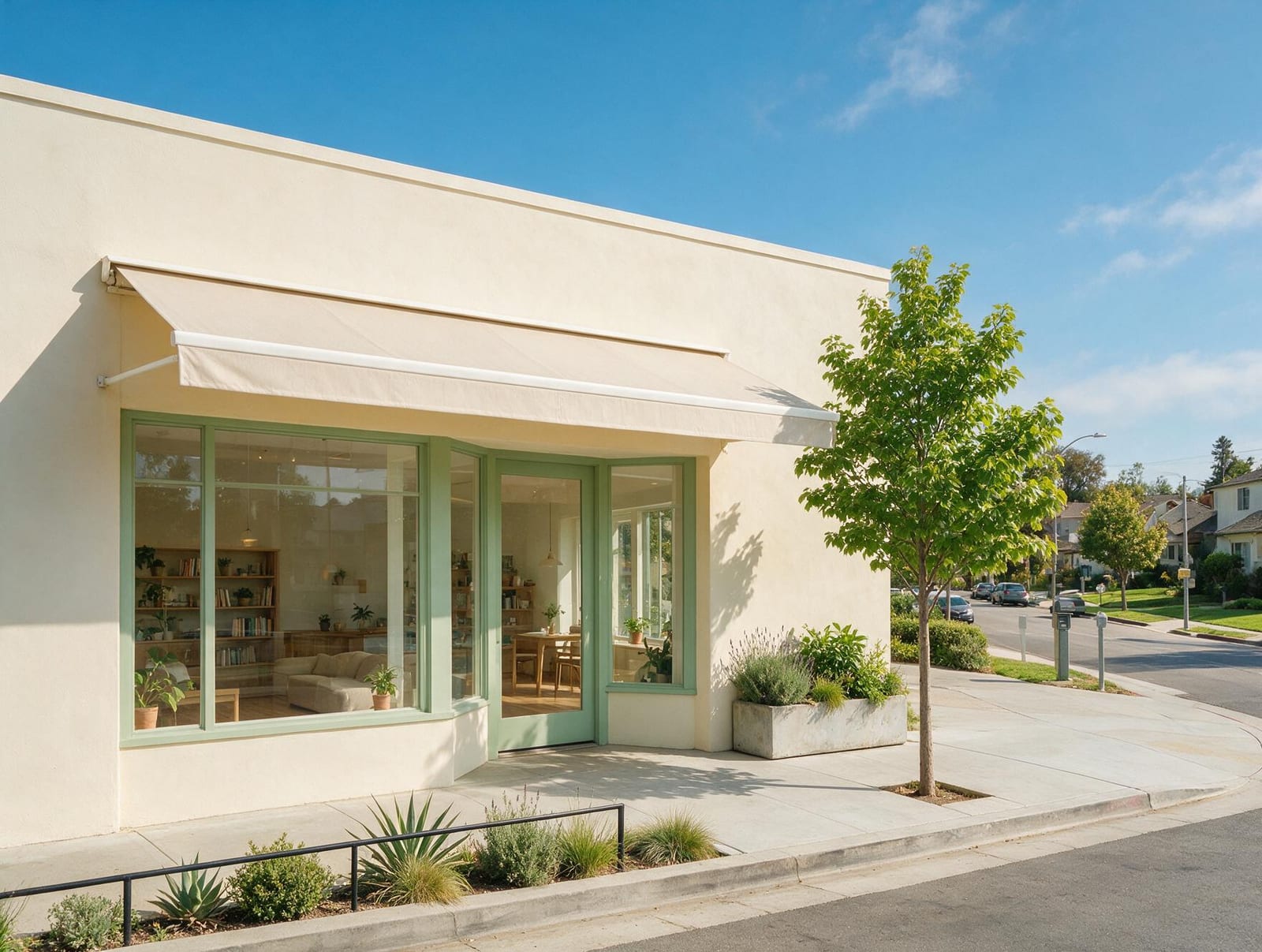 A dry cleaning storefront on a sunny street