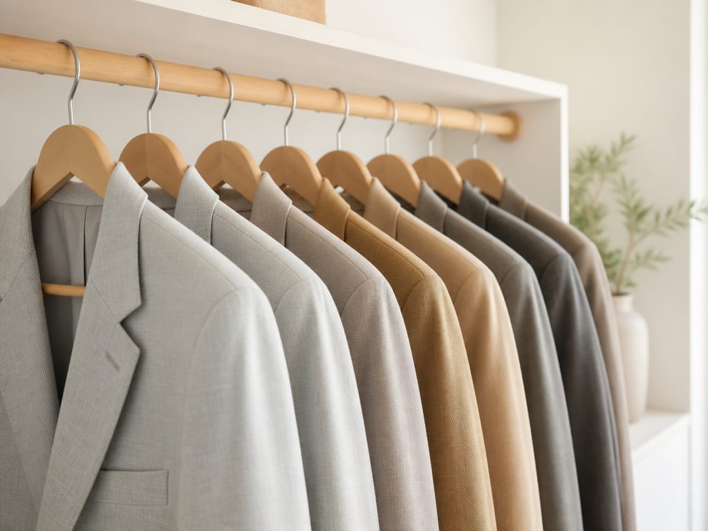 Pressed suits and jackets hanging in a bright, organised closet