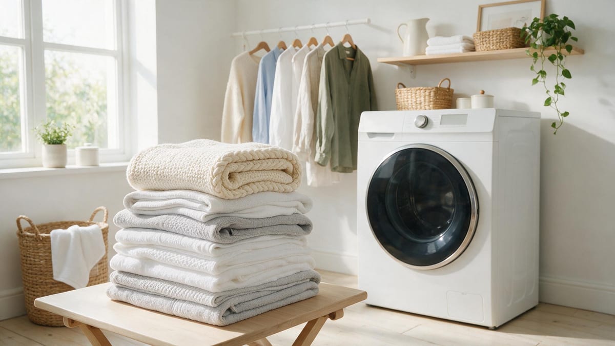 Folded laundry beside a home washing machine