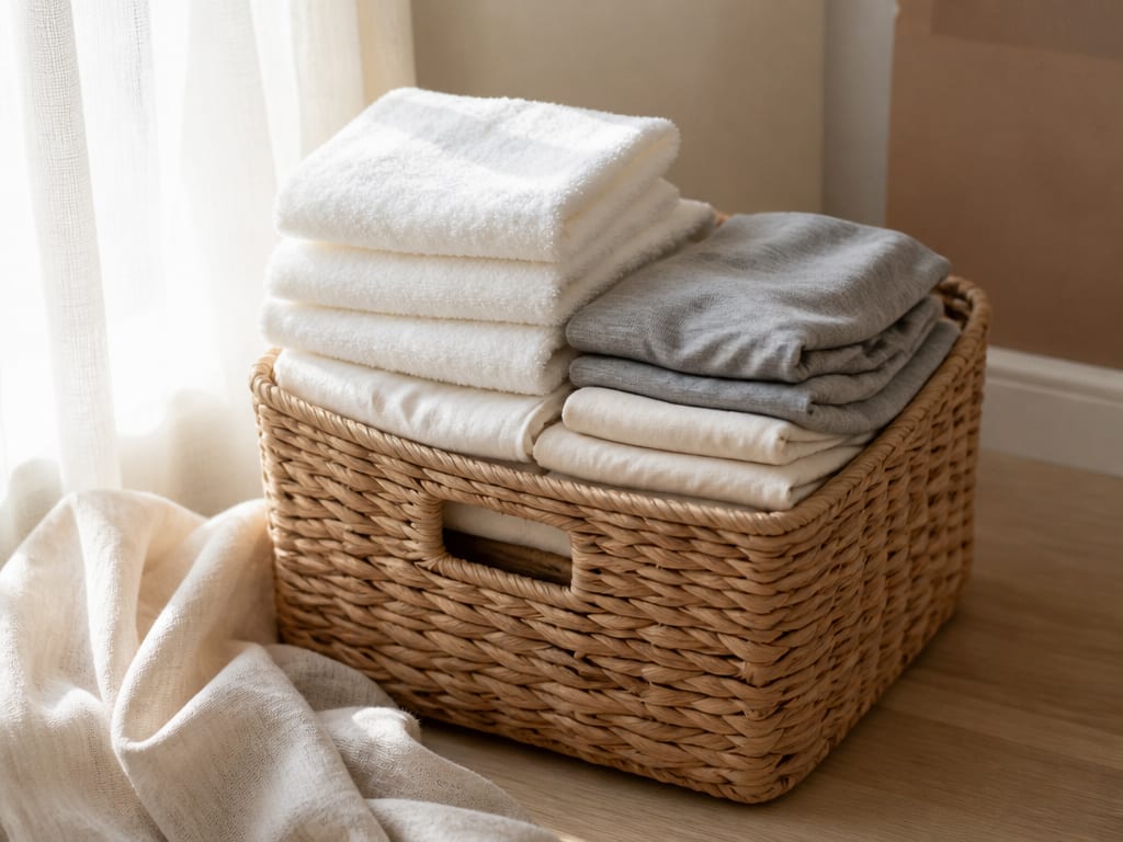 Neatly folded laundry stacked in a woven basket, ready for pickup