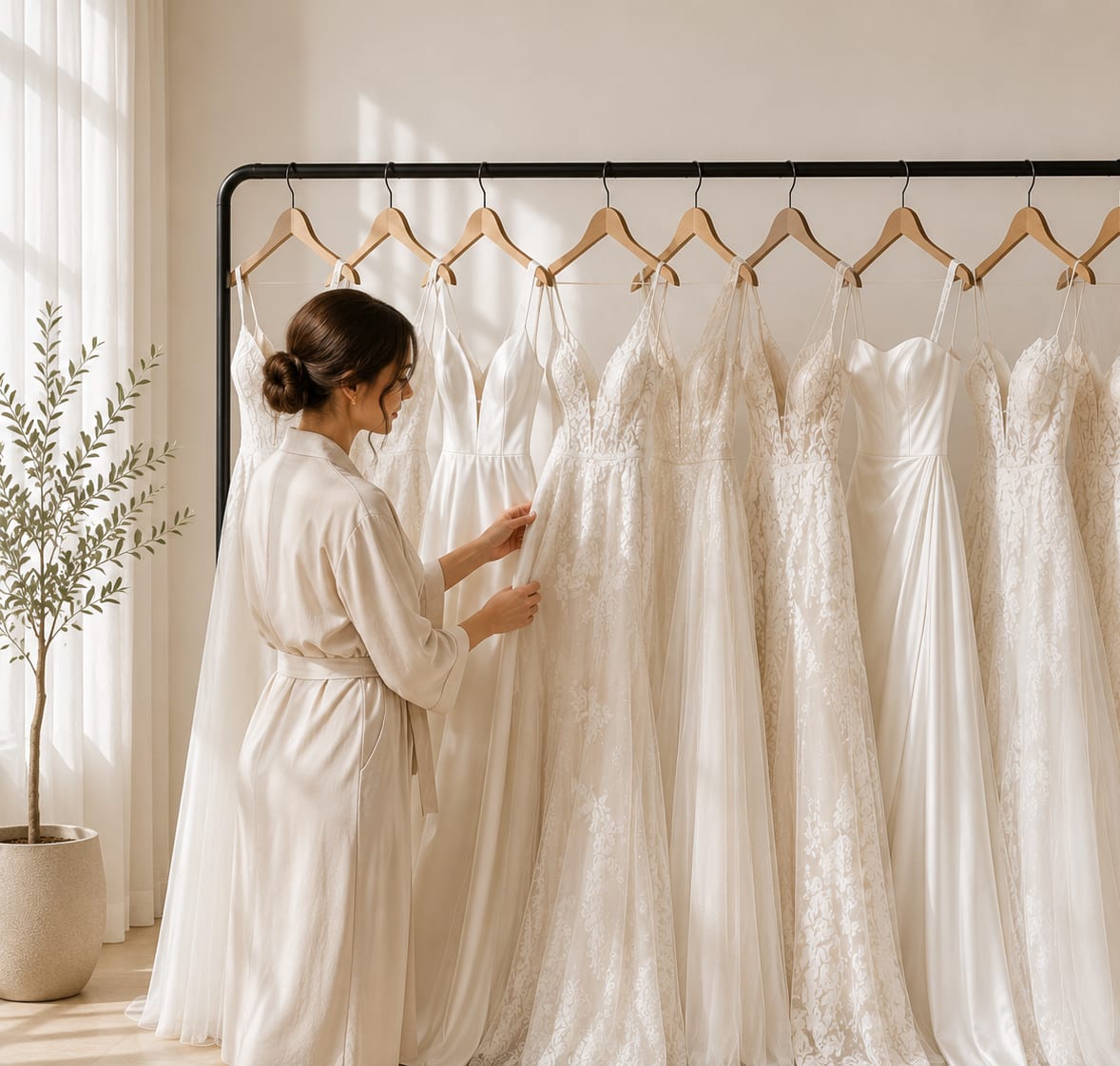 Delicate embellished gowns hanging on a rack in soft daylight