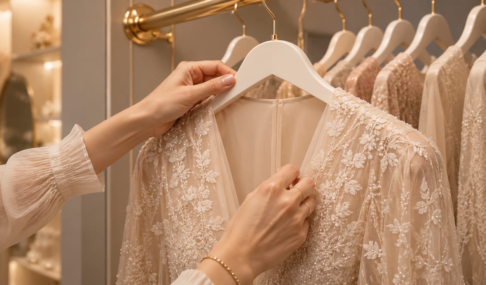 Hands carefully adjusting a beaded lace gown on a white hanger