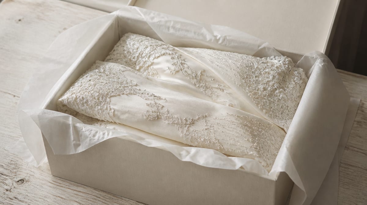 A wedding gown folded into an acid-free preservation box